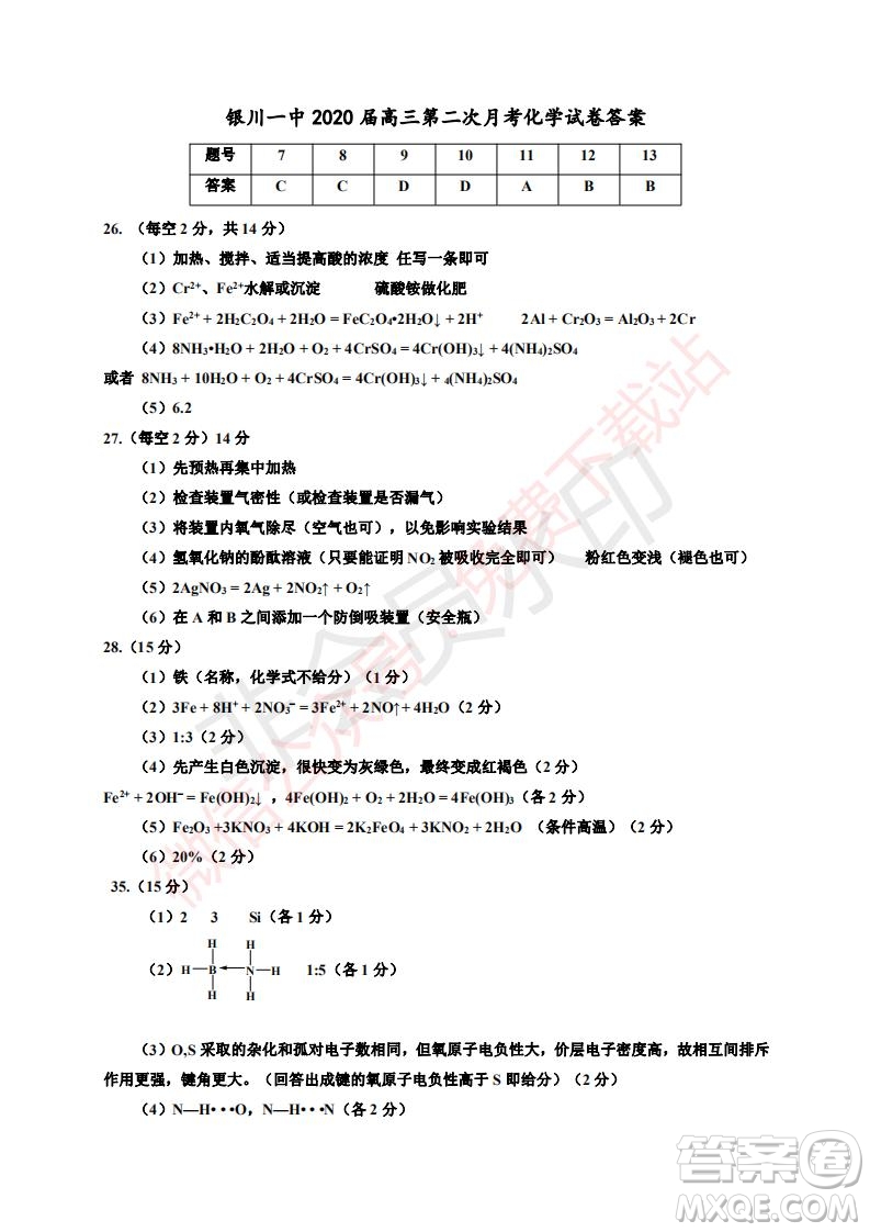 2020屆銀川一中高三年級第二次月考理科綜合試題及答案