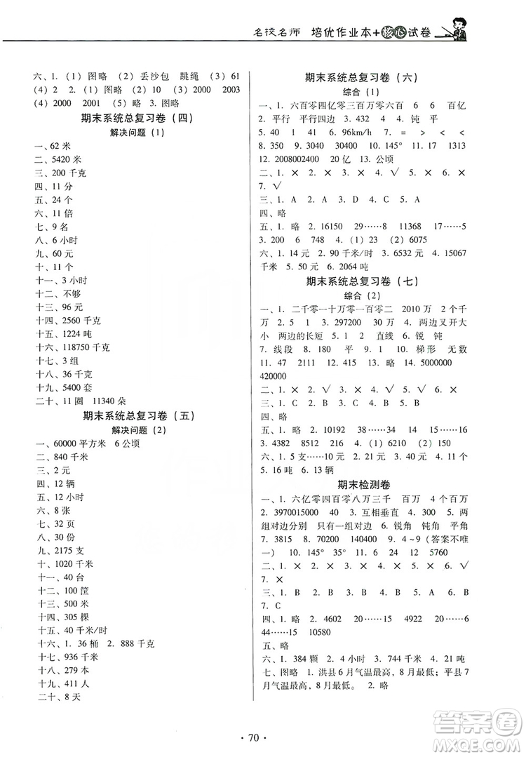 2019名校名師培優(yōu)作業(yè)本+核心試卷四年級(jí)數(shù)學(xué)上冊(cè)人教版答案