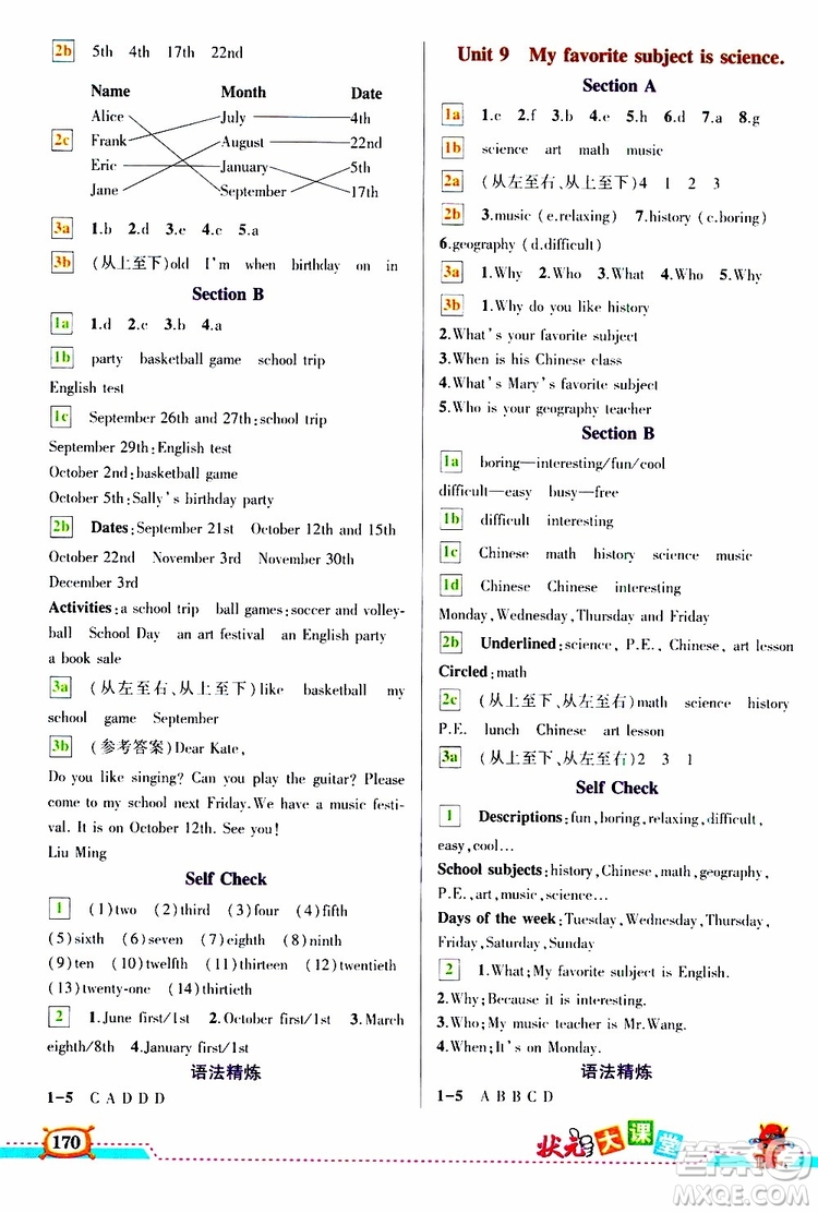 狀元成才路2019年?duì)钤笳n堂導(dǎo)學(xué)案標(biāo)準(zhǔn)本七年級(jí)英語(yǔ)上R人教版參考答案