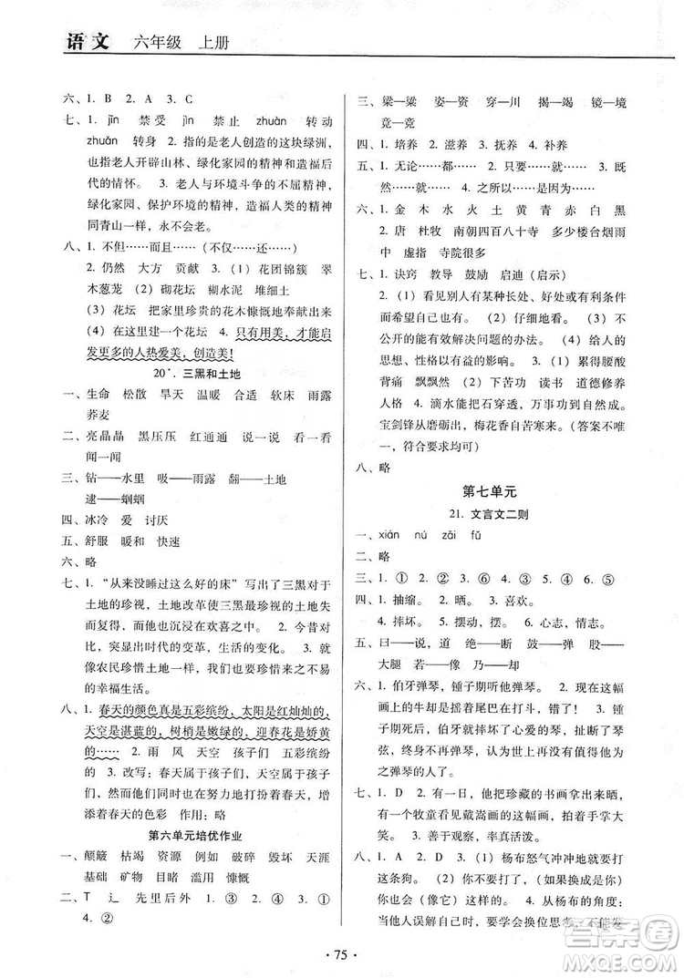 2019名校名師培優(yōu)作業(yè)本+核心試卷六年級(jí)語文上冊(cè)人教版答案