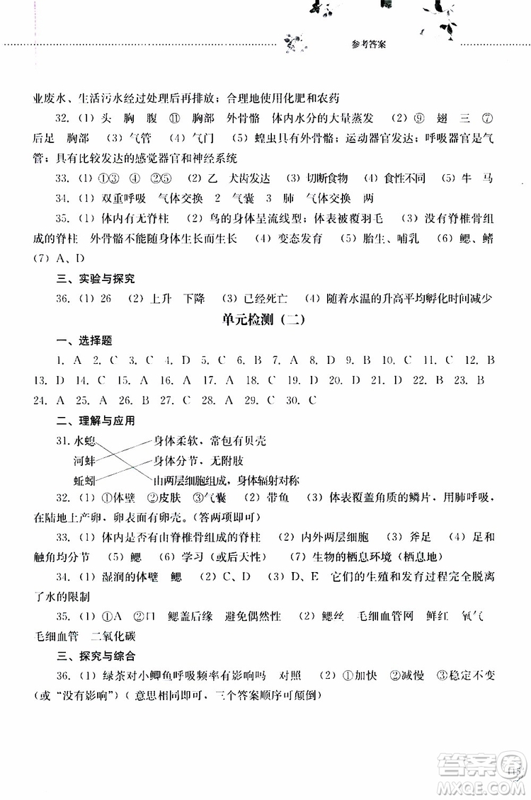 山東大學(xué)出版社2019年初中課堂同步訓(xùn)練生物學(xué)八年級(jí)上冊(cè)參考答案