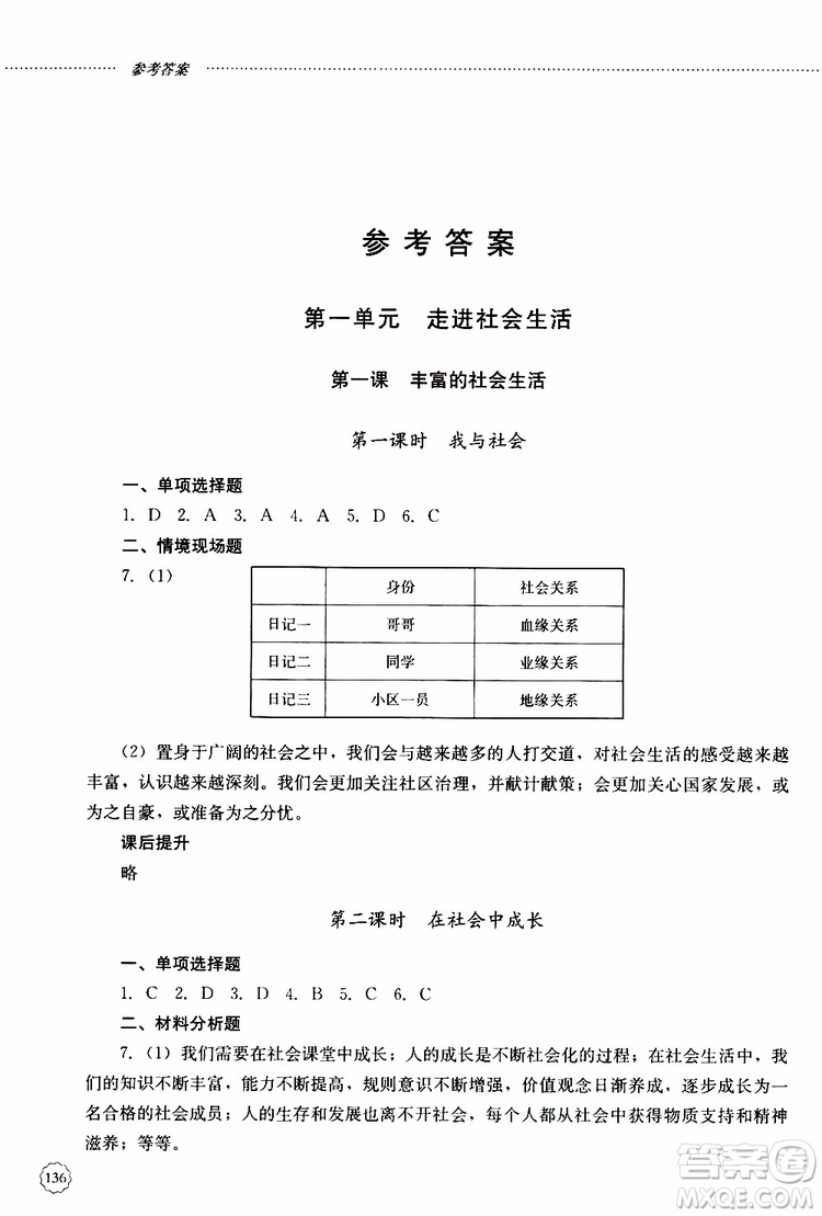 山東大學(xué)出版社2019年初中課堂同步訓(xùn)練道德與法治八年級上冊參考答案