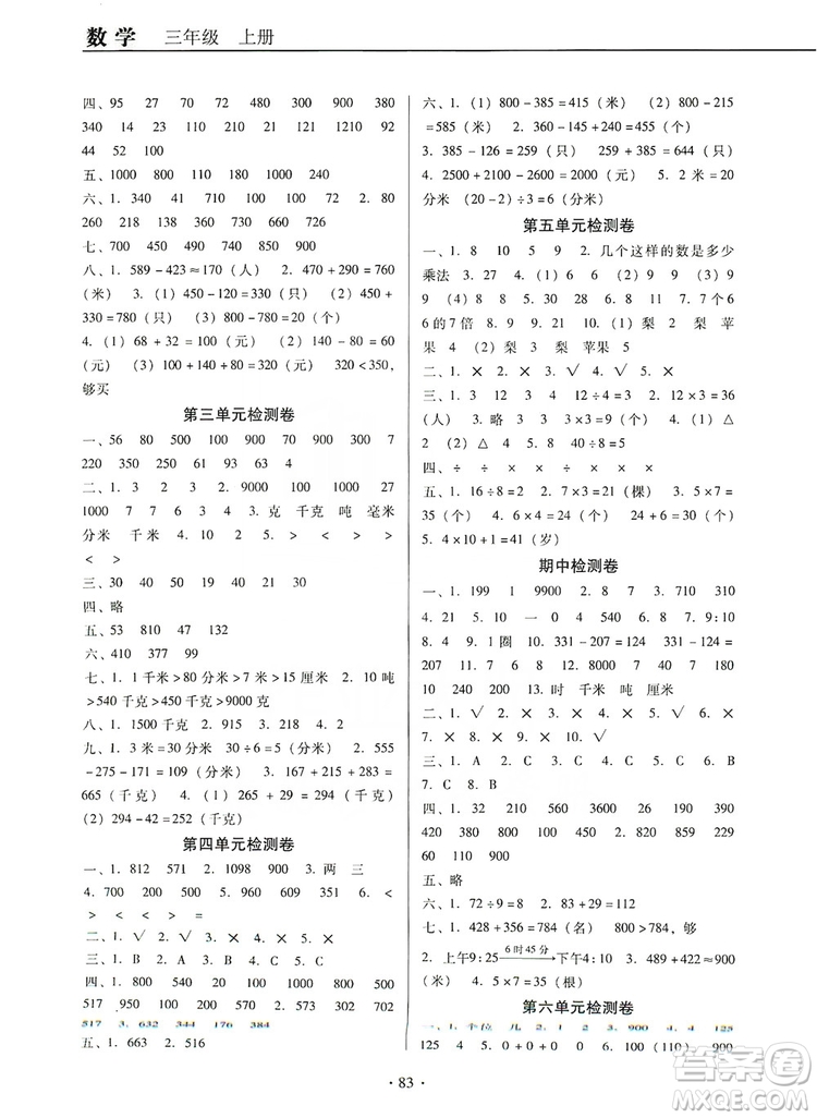 2019名校名師培優(yōu)作業(yè)本+核心試卷三年級數(shù)學(xué)上冊人教版答案