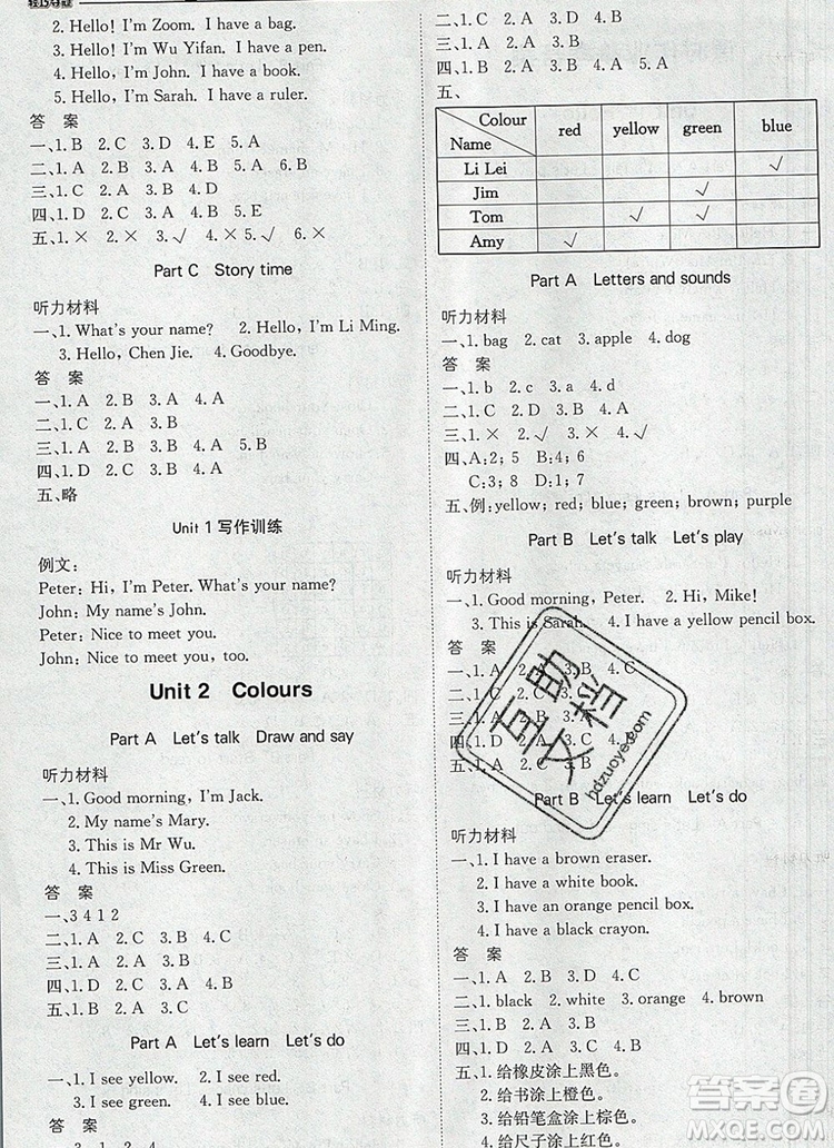 1加1輕巧奪冠優(yōu)化訓(xùn)練三年級(jí)英語(yǔ)上冊(cè)人教PEP版2019年參考答案