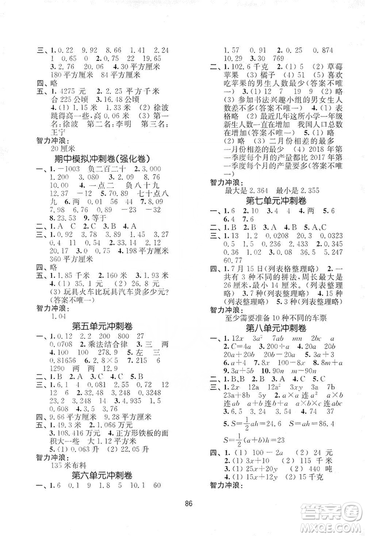 南京大學(xué)出版社2019期末沖刺滿分卷五年級數(shù)學(xué)上冊蘇教版答案