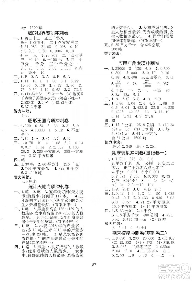 南京大學(xué)出版社2019期末沖刺滿分卷五年級數(shù)學(xué)上冊蘇教版答案