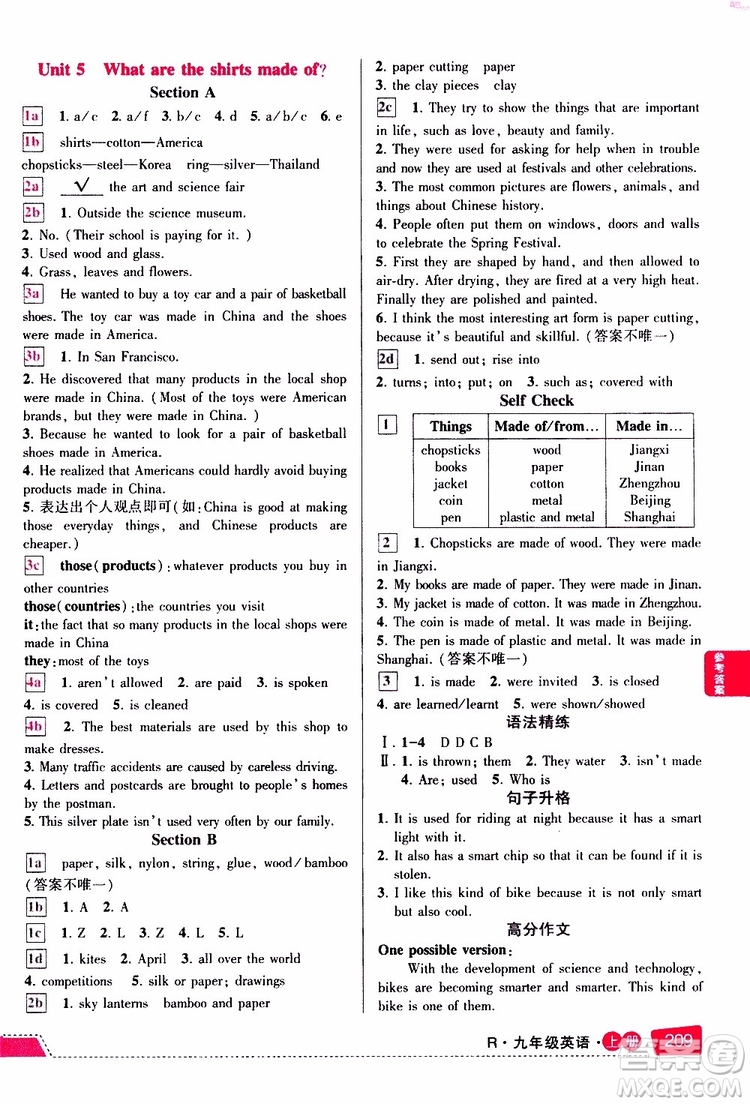 狀元成才路2019年?duì)钤笳n堂導(dǎo)學(xué)案標(biāo)準(zhǔn)本九年級(jí)英語上R人教版參考答案