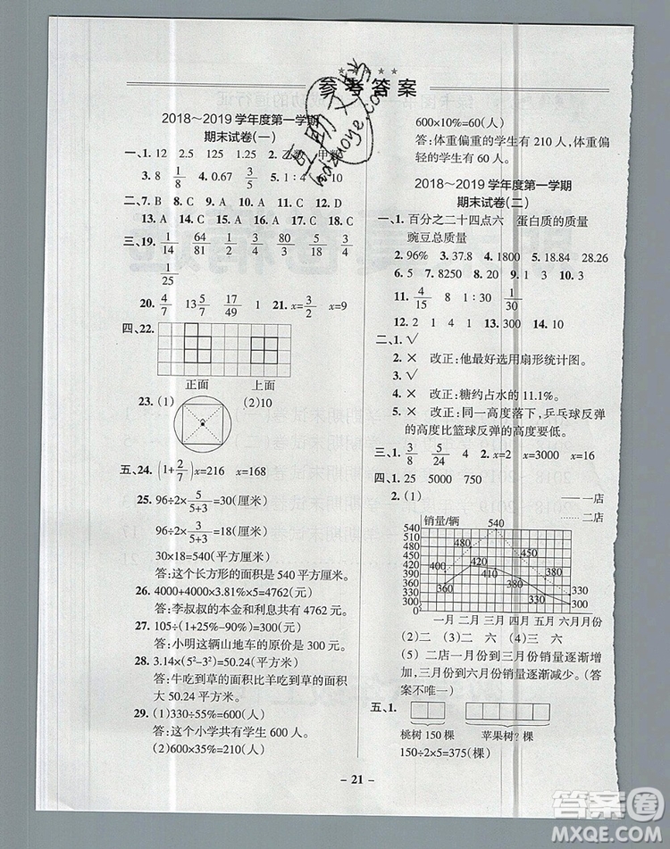 2019年北師大版PASS小學(xué)學(xué)霸作業(yè)本六年級數(shù)學(xué)上冊參考答案