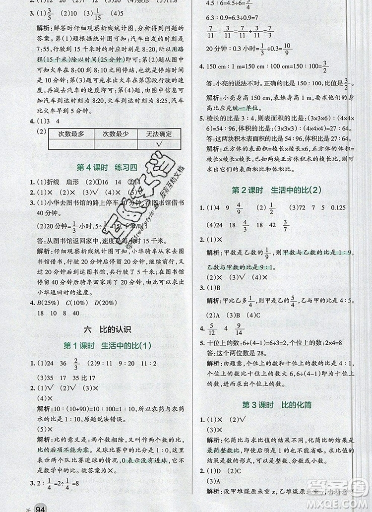 2019年北師大版PASS小學(xué)學(xué)霸作業(yè)本六年級數(shù)學(xué)上冊參考答案