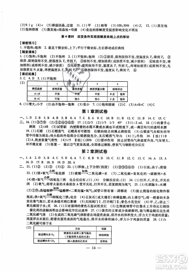 2019年一考圓夢(mèng)綜合素質(zhì)學(xué)化學(xué)隨堂反饋9年級(jí)上冊(cè)參考答案