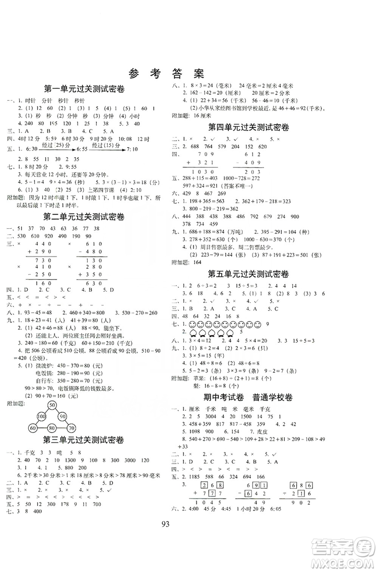 68所名校圖書2019秋期末沖刺100分完全試卷三年級(jí)數(shù)學(xué)上冊(cè)RJ課標(biāo)版答案