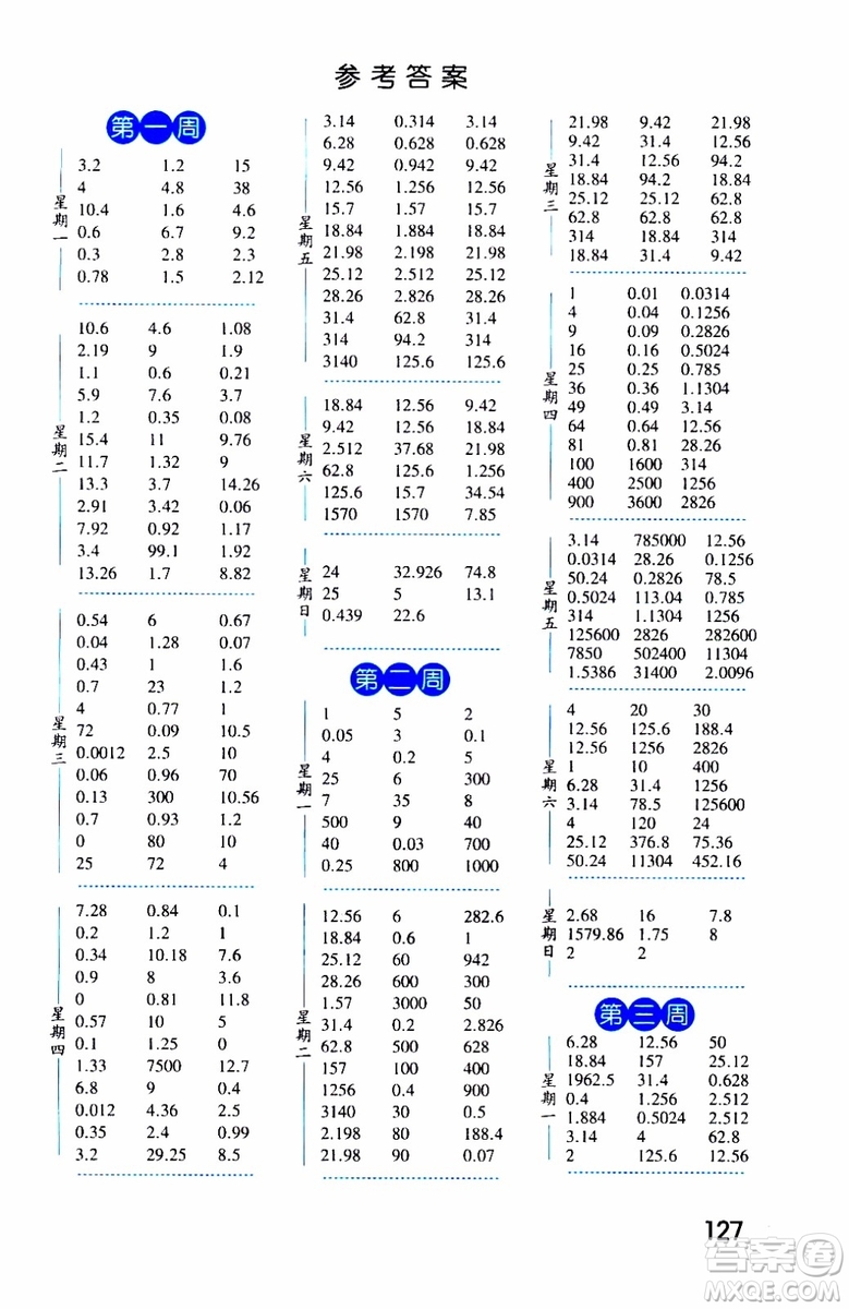 2019秋經(jīng)綸學典口算達人六年級數(shù)學上冊BS北師版參考答案