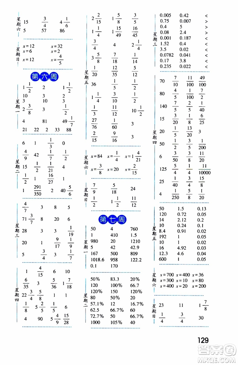 2019秋經(jīng)綸學典口算達人六年級數(shù)學上冊BS北師版參考答案