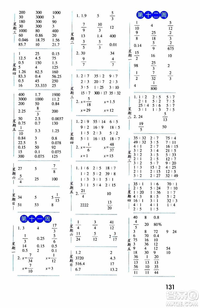 2019秋經(jīng)綸學典口算達人六年級數(shù)學上冊BS北師版參考答案