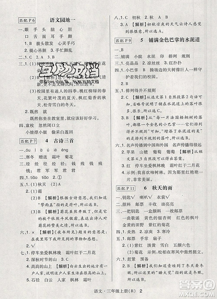 2019年?duì)钤焯炀毻骄毩?xí)三年級(jí)語文上冊(cè)人教版參考答案