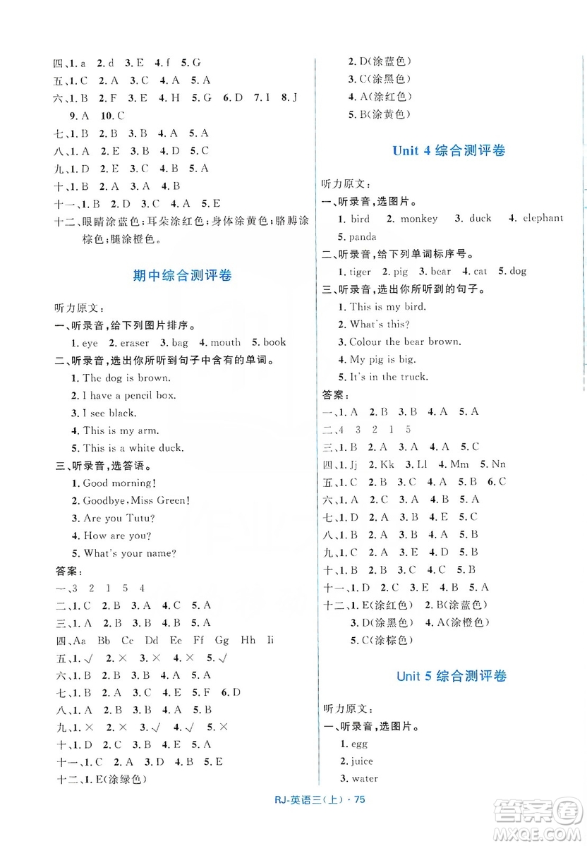 贏在起跑線2019天天100分小學優(yōu)化測試卷英語三年級上冊RJ人教版答案