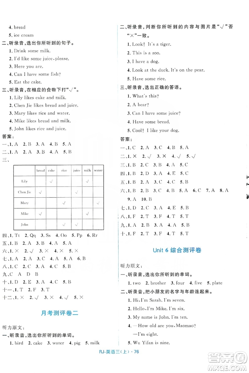 贏在起跑線2019天天100分小學優(yōu)化測試卷英語三年級上冊RJ人教版答案