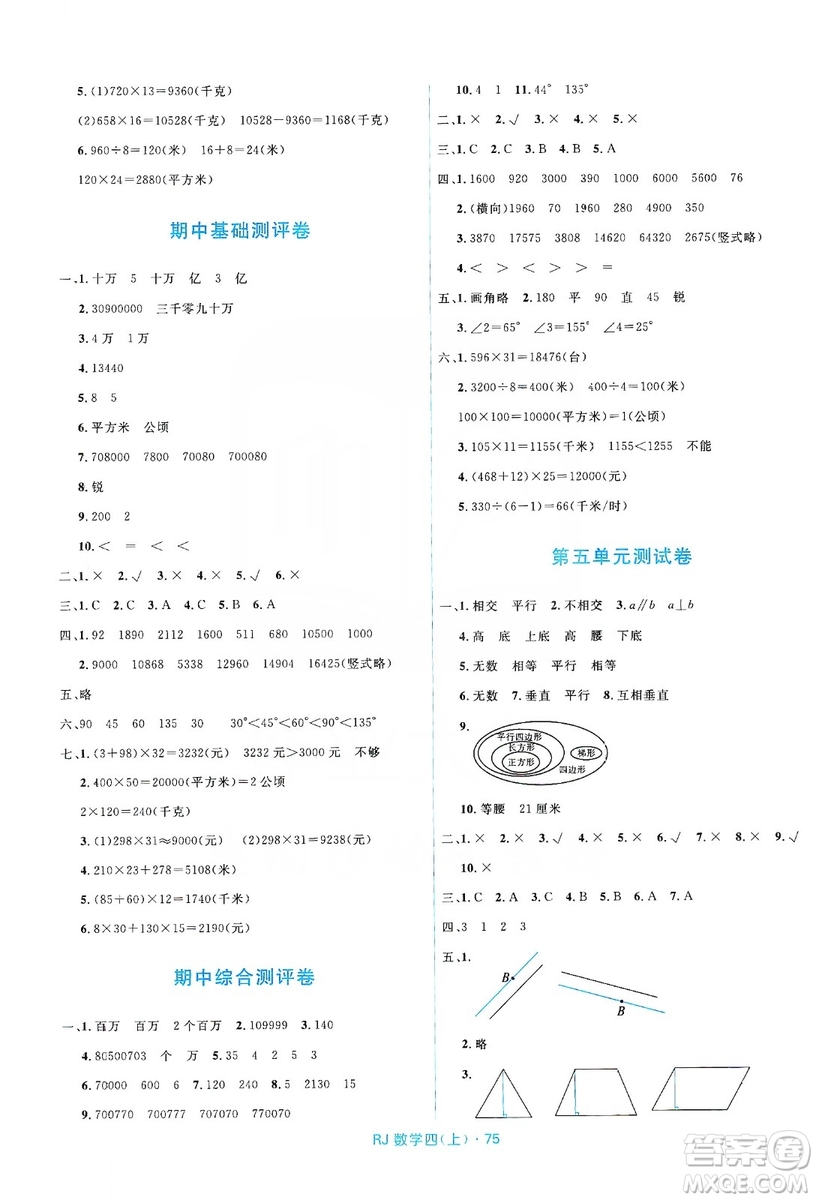 2019贏在起跑線天天100分小學(xué)優(yōu)化測試卷數(shù)學(xué)四年級(jí)上冊(cè)RJ人教版答案