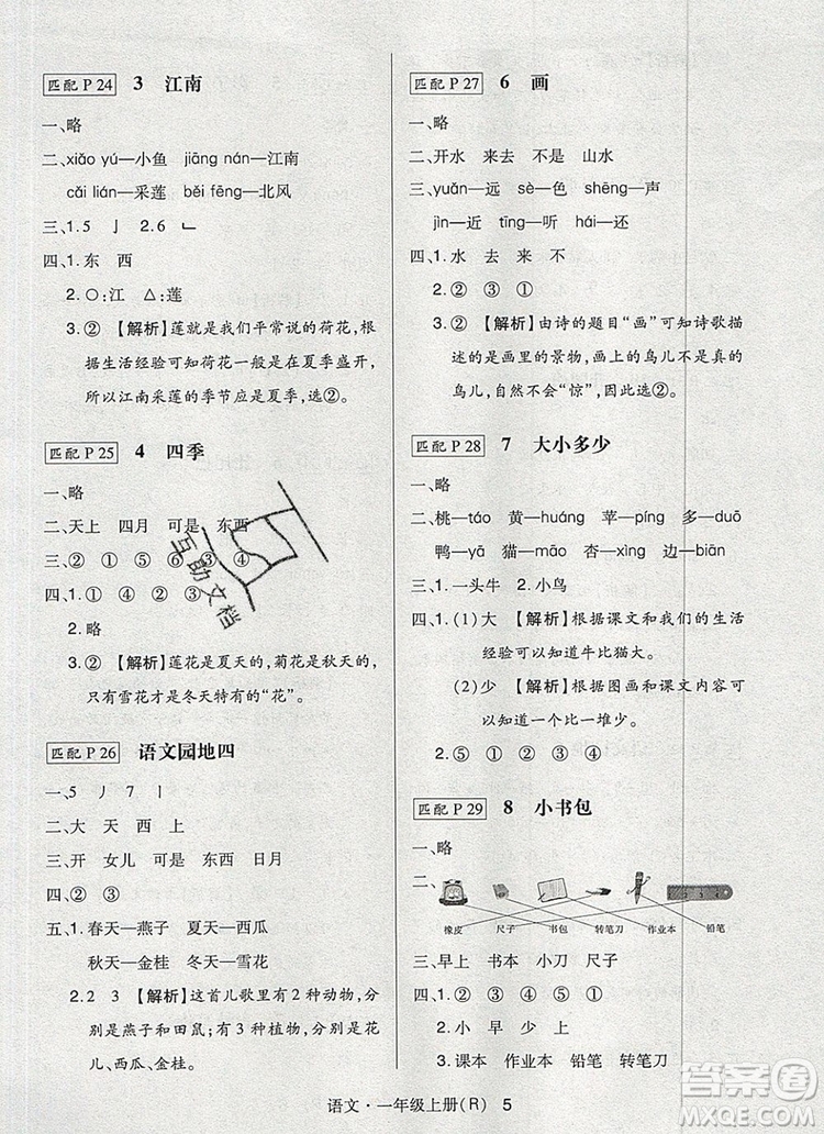 2019年?duì)钤焯炀毻骄毩?xí)一年級(jí)語文上冊(cè)人教版參考答案