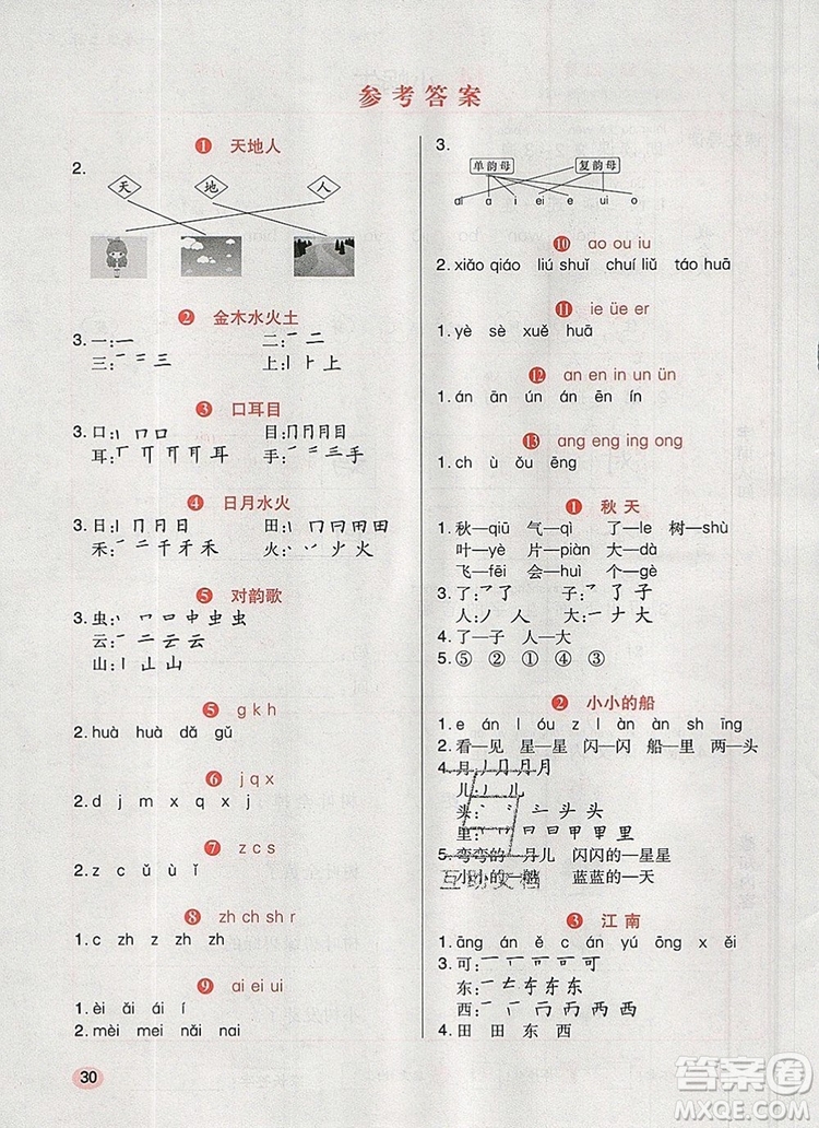 2019年?duì)钤焯炀毻骄毩?xí)一年級(jí)語文上冊(cè)人教版參考答案