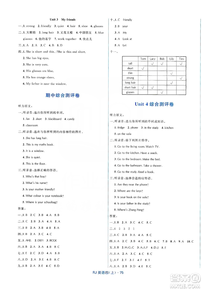 2019贏在起跑線天天100分小學(xué)優(yōu)化測(cè)試卷四年級(jí)英語上冊(cè)RJ人教版答案