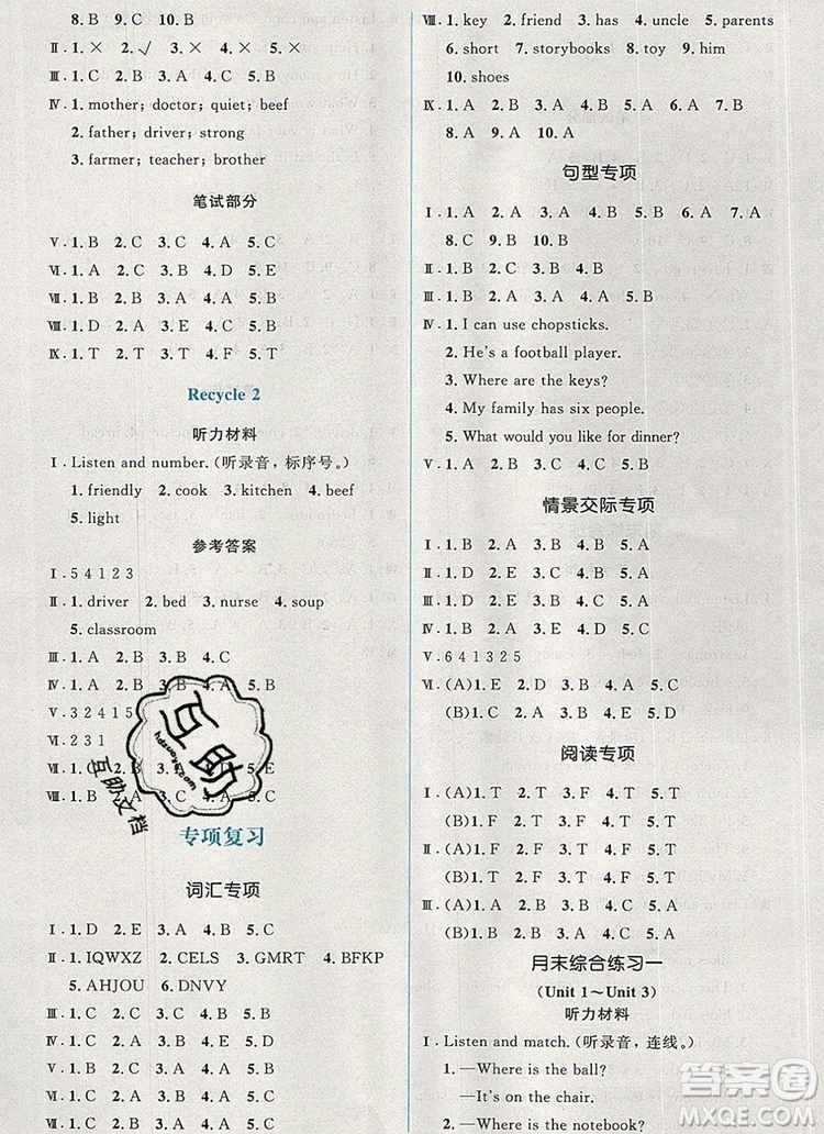 人教金學(xué)典同步解析與測評學(xué)考練四年級英語上冊人教版2019年秋新版參考答案