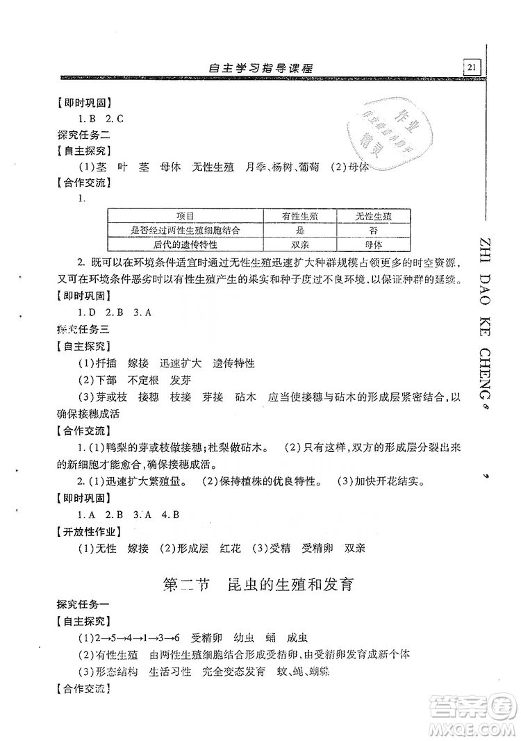 明天出版社2019自主學習指導課程生物學八年級全一冊人教版答案