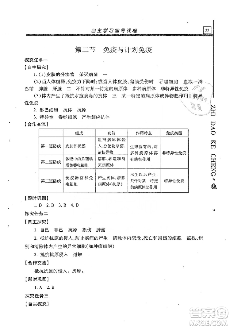 明天出版社2019自主學習指導課程生物學八年級全一冊人教版答案