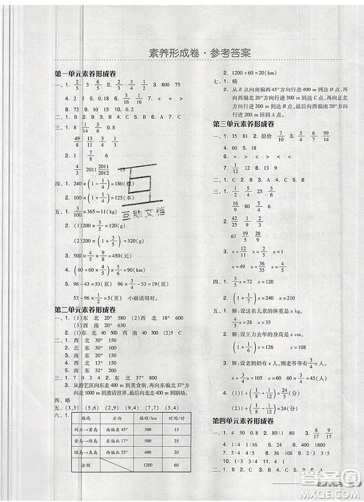 全品學(xué)練考六年級數(shù)學(xué)上冊人教版2019參考答案
