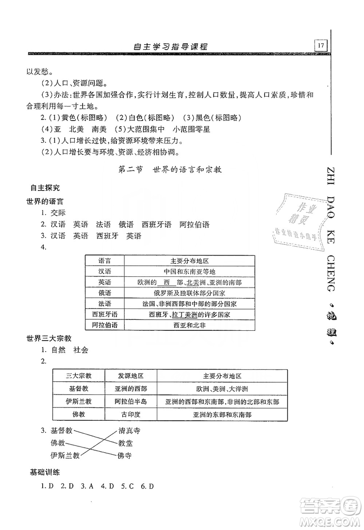 明天出版社2019自主學(xué)習(xí)指導(dǎo)課程七年級地理上冊人教版答案