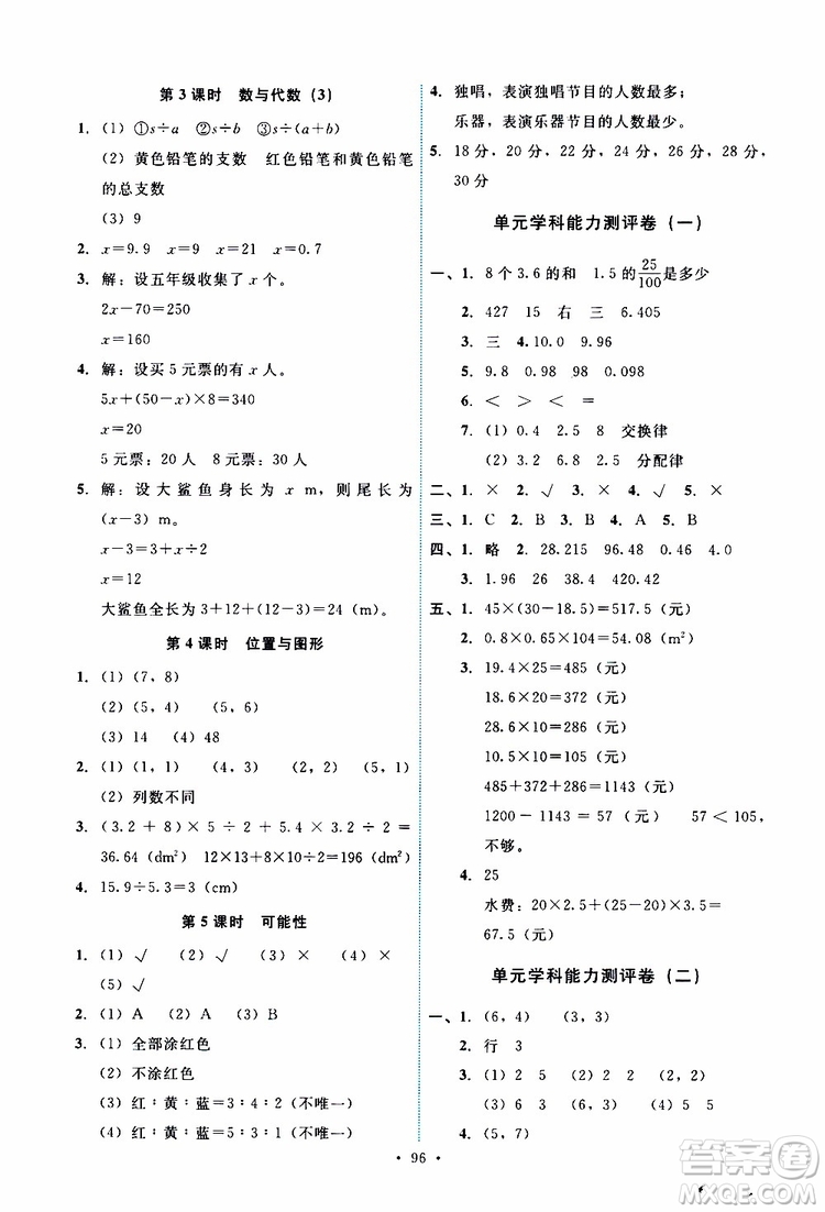 2019年能力培養(yǎng)與測(cè)試數(shù)學(xué)五年級(jí)上冊(cè)人教版參考答案