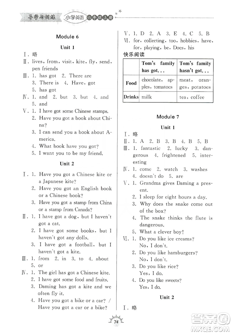 齊魯書(shū)社2019小學(xué)導(dǎo)學(xué)與訓(xùn)練六年級(jí)英語(yǔ)外研版上冊(cè)答案