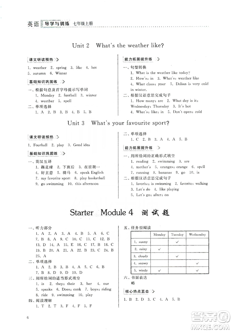 山東人民出版社2019導學與訓練七年級英語上冊外研版答案