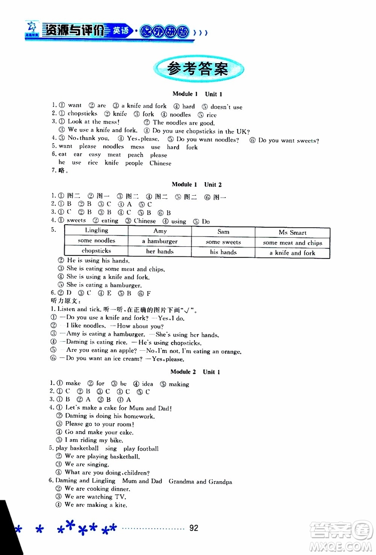 黑龍江教育出版社2019年資源與評價英語三年級上冊外研版參考答案