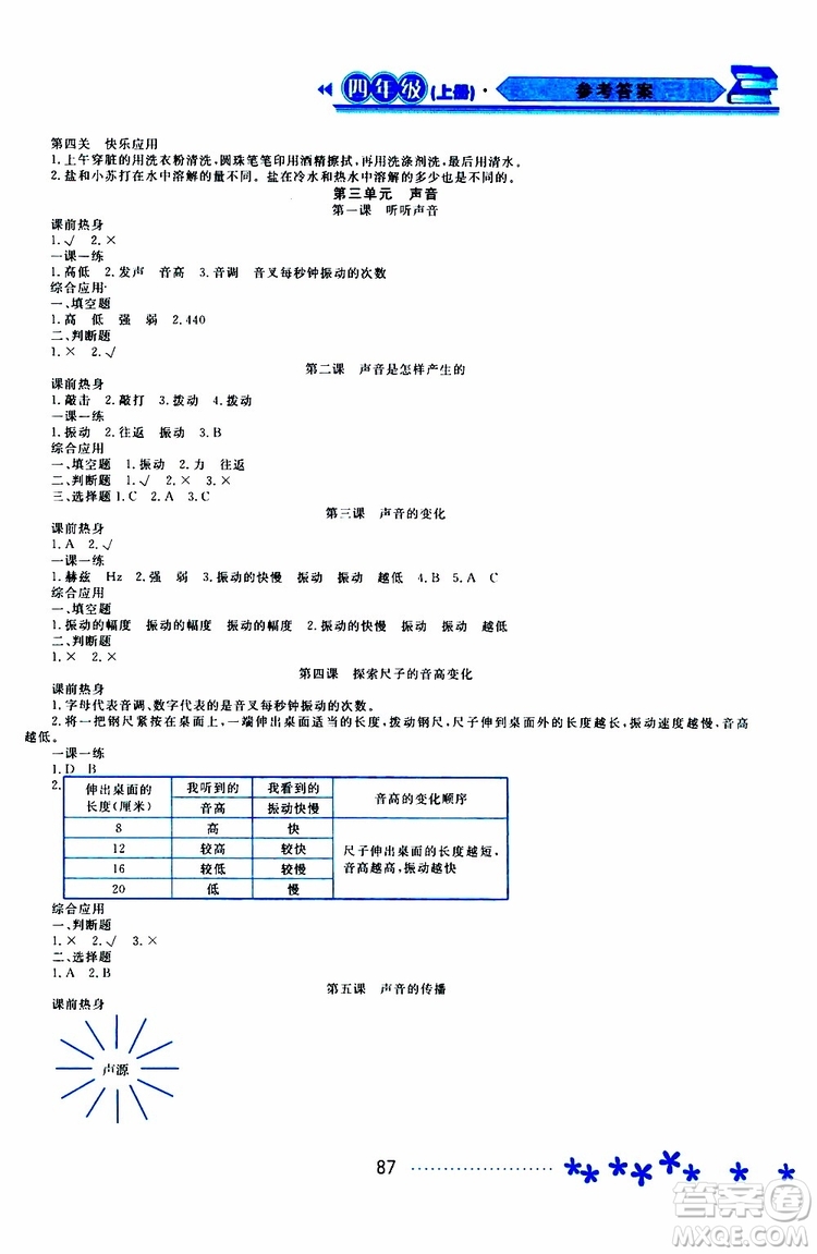 黑龍江教育出版社2019年資源與評價科學四年級上冊教科版參考答案