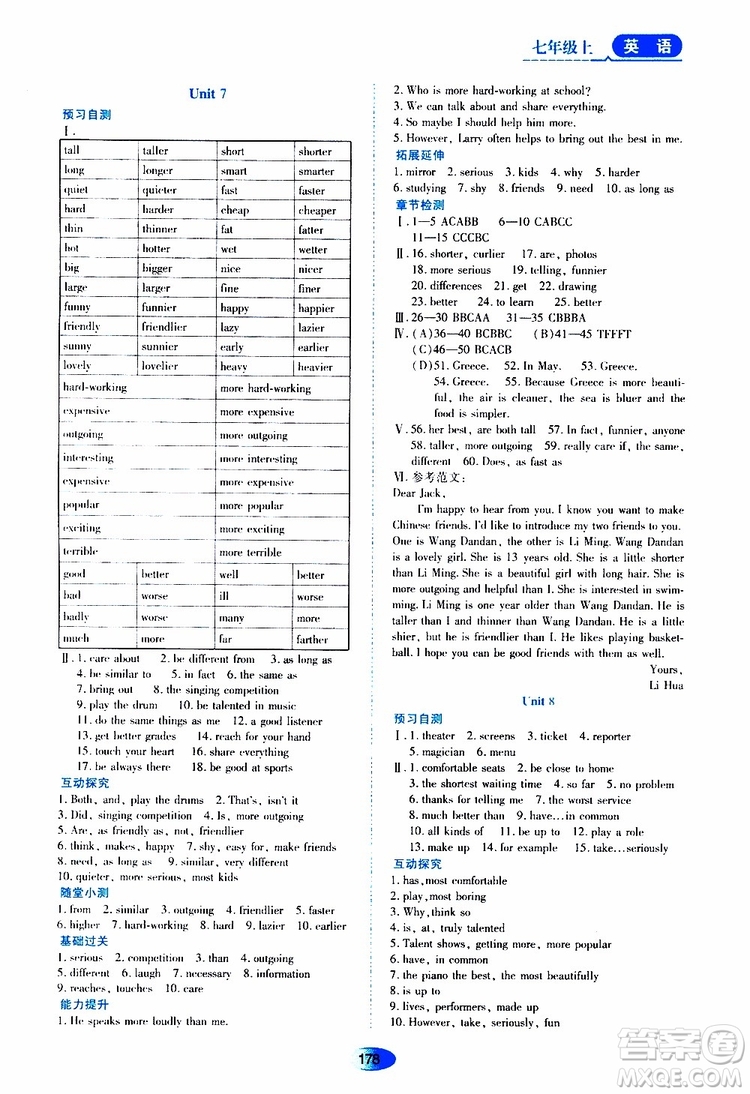 2019年五四學制資源與評價英語七年級上冊山教版參考答案