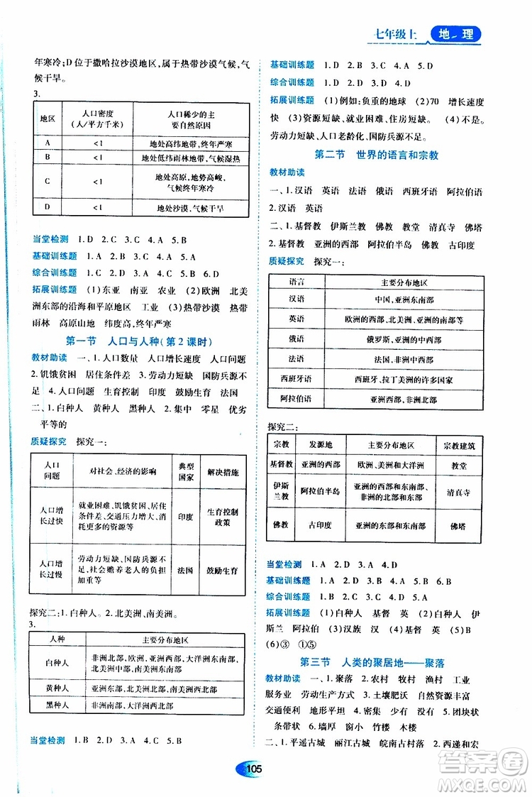 2019年資源與評(píng)價(jià)地理七年級(jí)上冊(cè)人教版參考答案