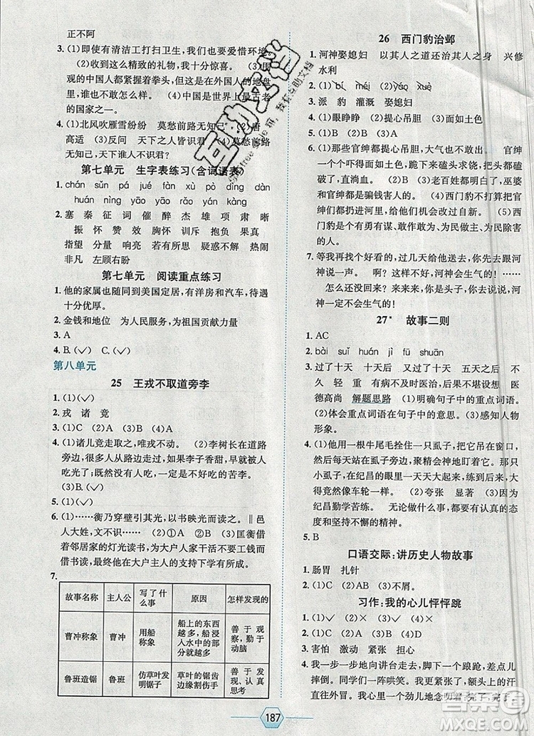 現(xiàn)代教育出版社2019年走向優(yōu)等生四年級語文上冊人教版答案