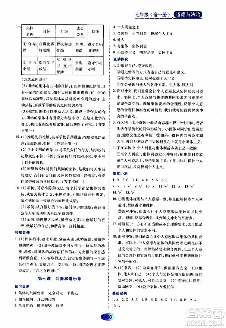 2019年五四學(xué)制資源與評價(jià)道德與法治七年級全一冊人教版參考答案