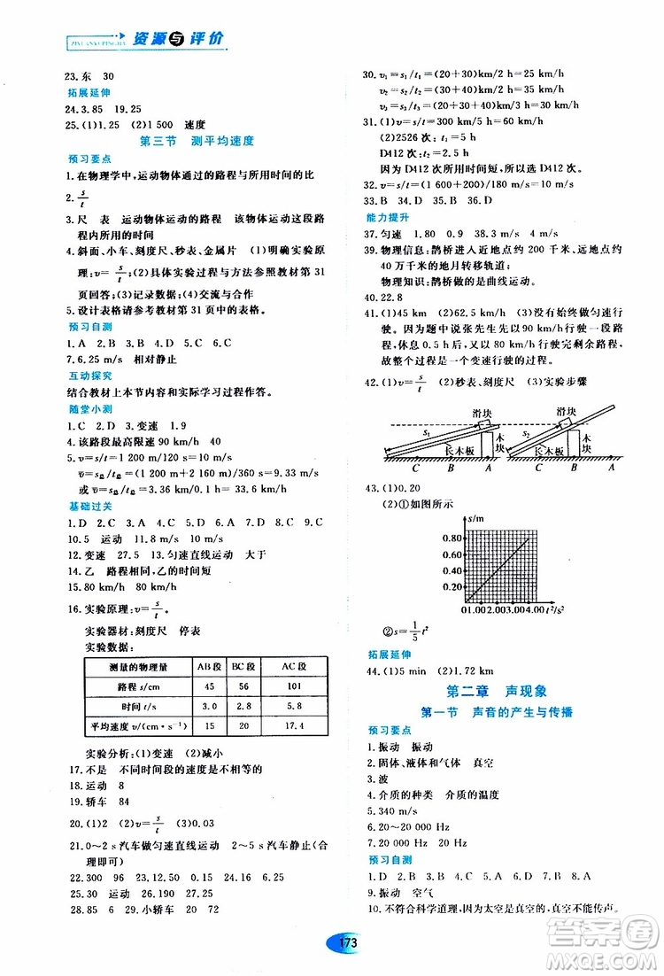 2019年五四學(xué)制資源與評價(jià)物理八年級上冊山科技版參考答案