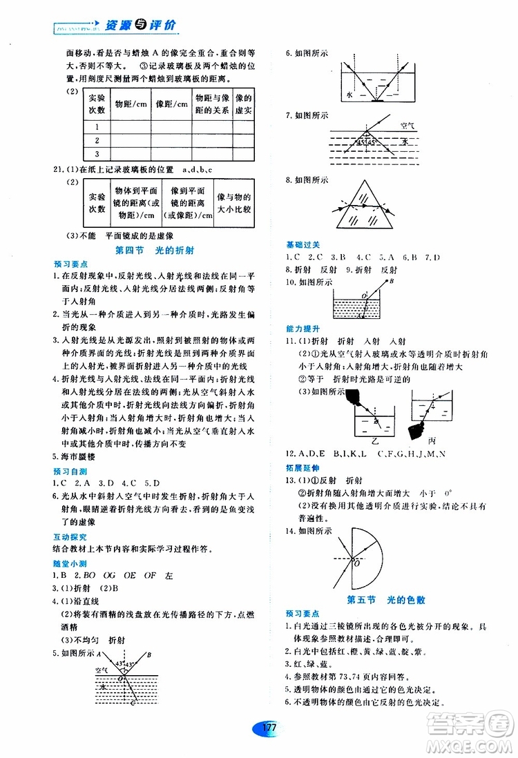 2019年五四學(xué)制資源與評價(jià)物理八年級上冊山科技版參考答案