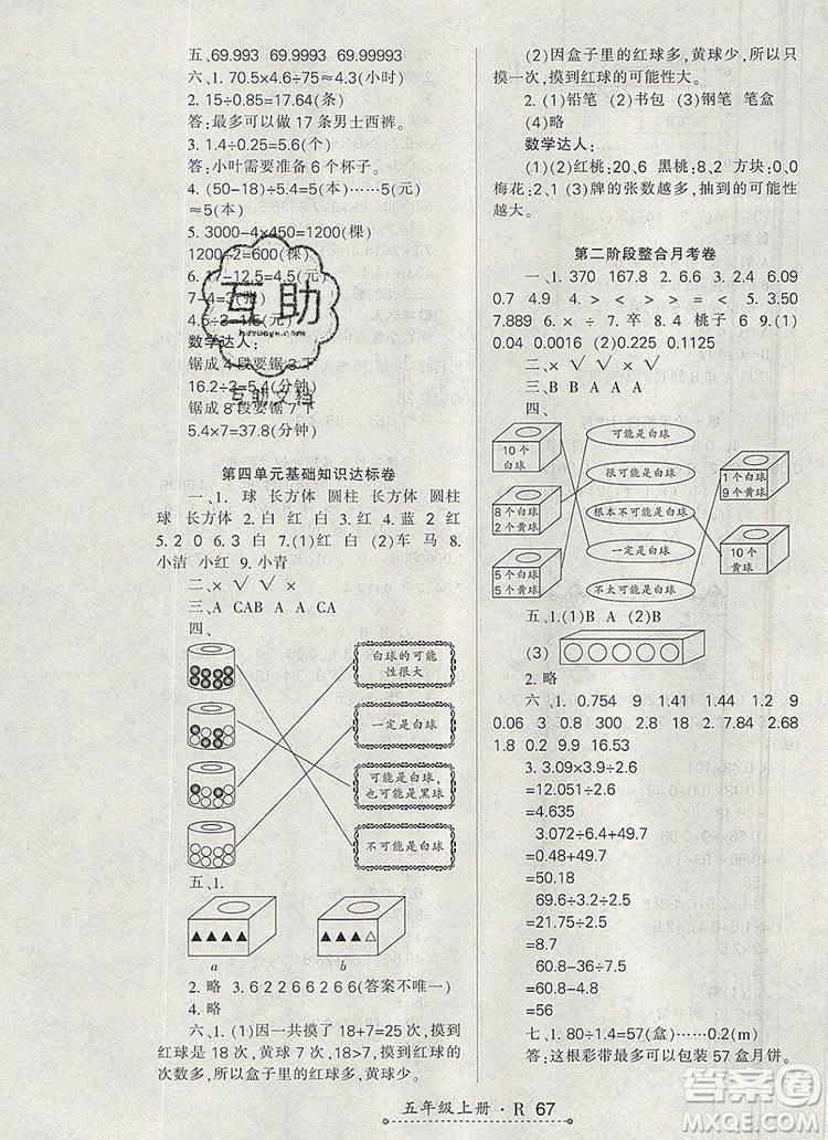 2019年秋新版贏在立德狀元1卷通五年級(jí)數(shù)學(xué)上冊(cè)人教版答案