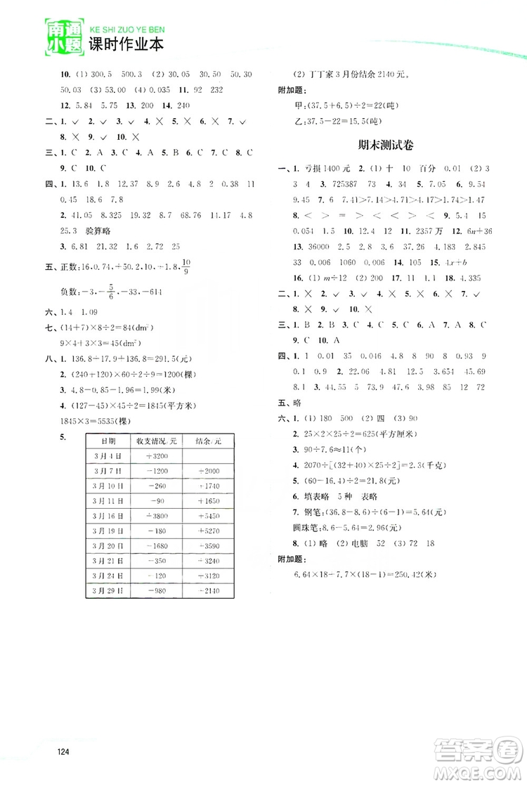 2019南通小題課時(shí)作業(yè)本五年級(jí)數(shù)學(xué)上冊(cè)江蘇版答案