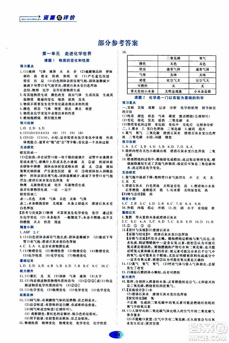 黑龍江教育出版社2019年資源與評價化學九年級上冊人教版參考答案