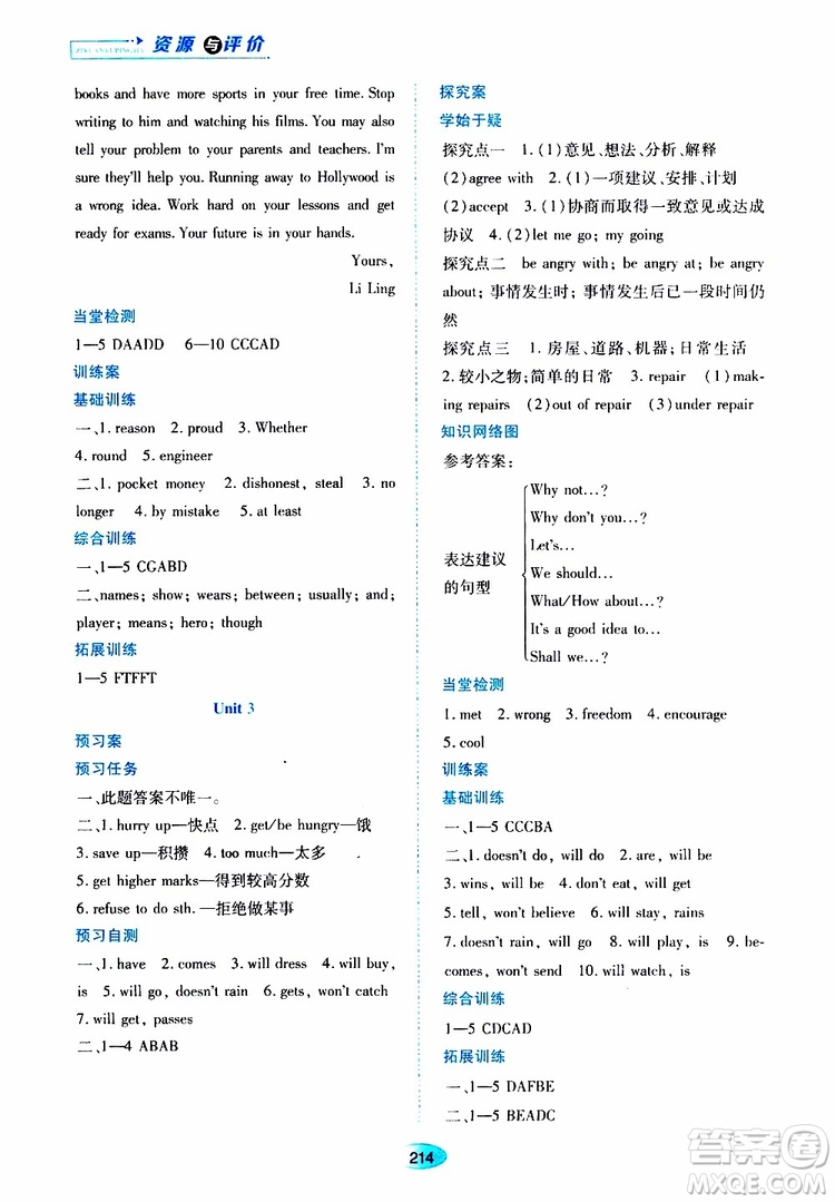 2019年秋資源與評價英語九年級上冊外研版參考答案