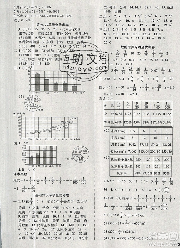 2019年小學同步檢測必備全優(yōu)考卷六年級數(shù)學上冊人教版答案