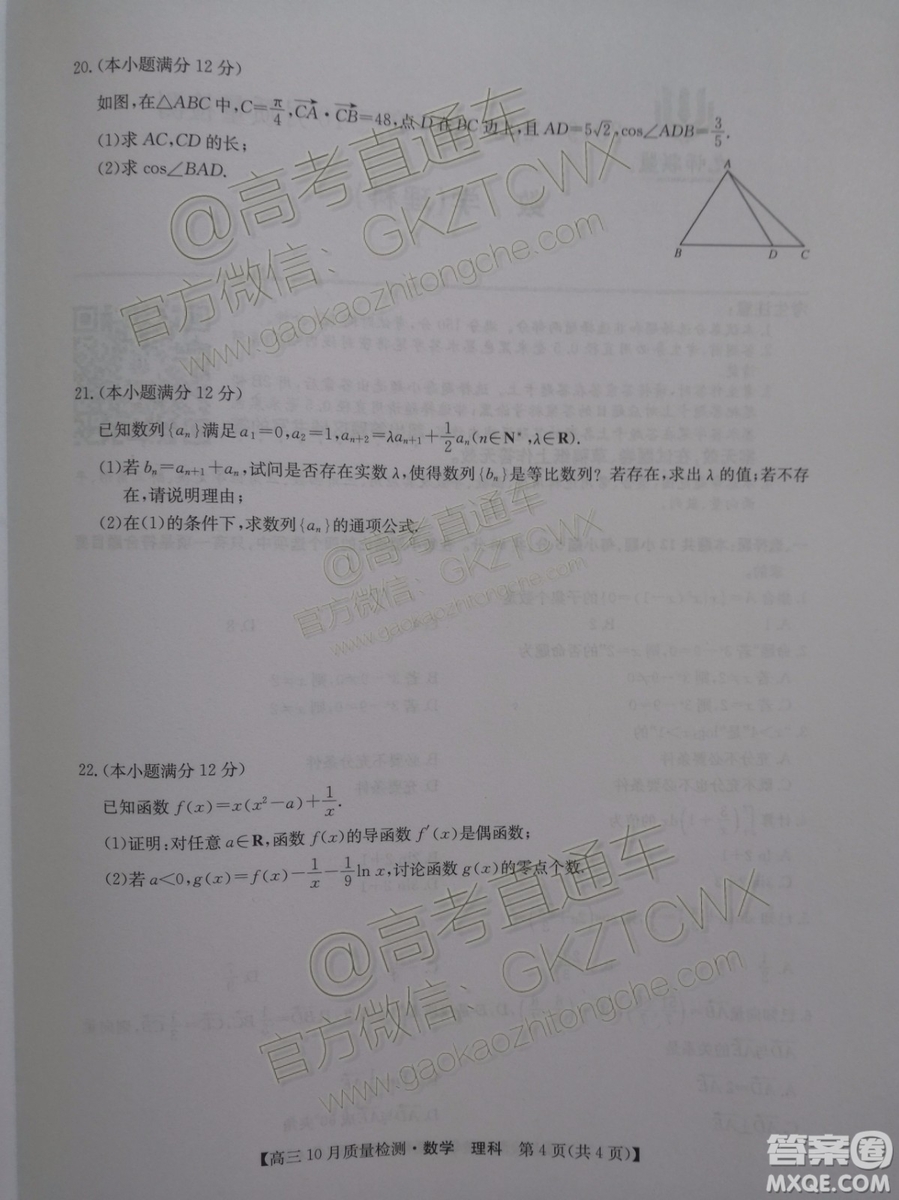 2020屆河南九師聯(lián)盟高三10月聯(lián)考理科數(shù)學(xué)試題及答案