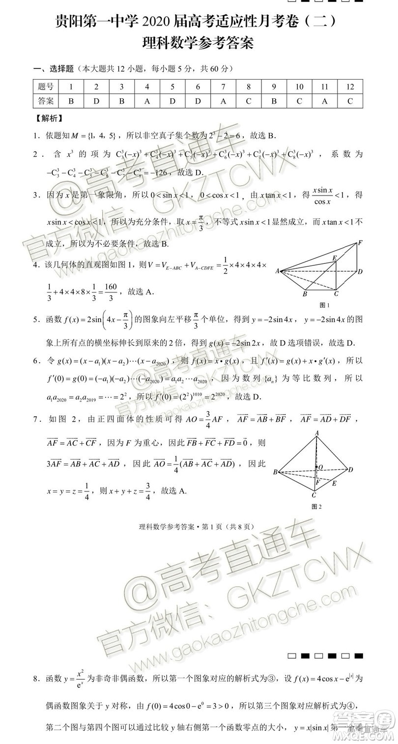 2020屆貴陽一中高考適應(yīng)性月考二文理數(shù)試題及參考答案