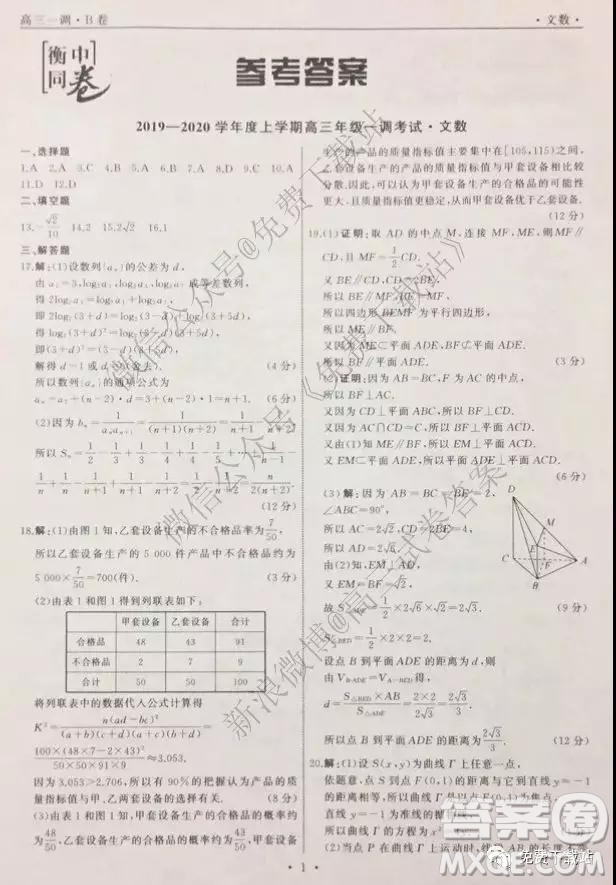 2020屆衡中同卷高三上學(xué)期一調(diào)考試文科數(shù)學(xué)試題及答案