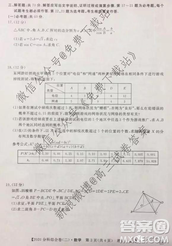 2020屆全國高考3+3分科綜合卷二理科數(shù)學(xué)試題及參考答案